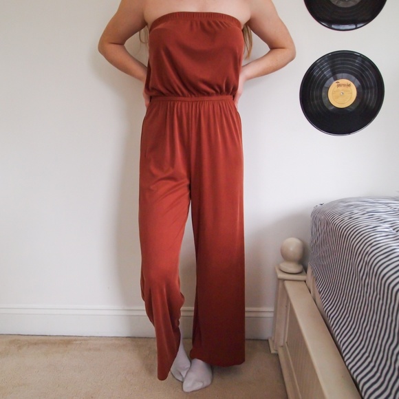 orange strapless jumpsuit